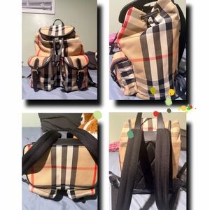 Burberry Beige Plaid Canvas Backpack with Black Trim and Red Accents